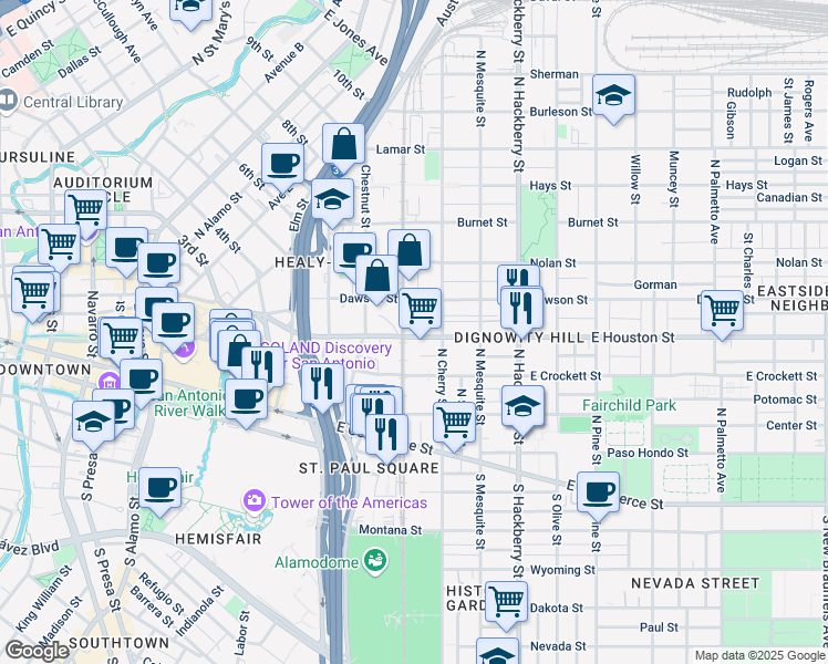 map of restaurants, bars, coffee shops, grocery stores, and more near 1225 East Houston Street in San Antonio