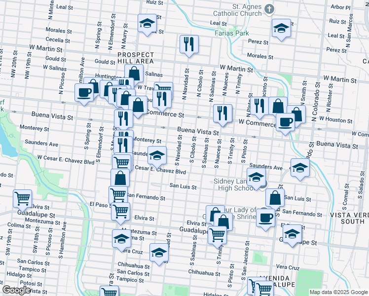 map of restaurants, bars, coffee shops, grocery stores, and more near 2101 Monterey Street in San Antonio