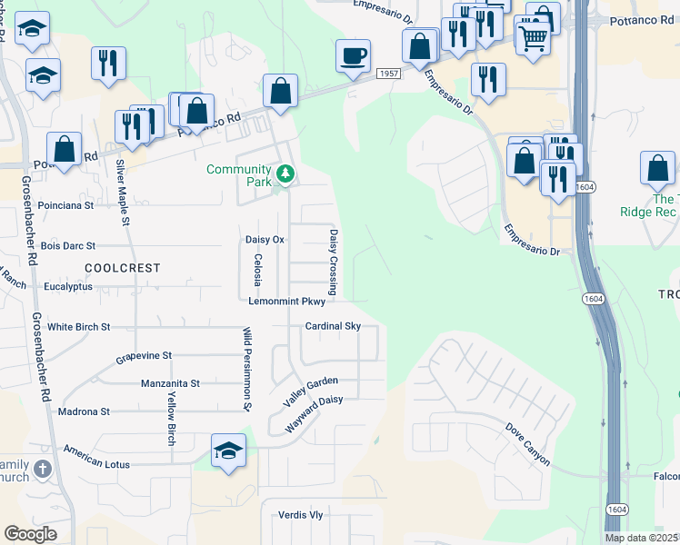 map of restaurants, bars, coffee shops, grocery stores, and more near 710 Daisy Crossing in San Antonio