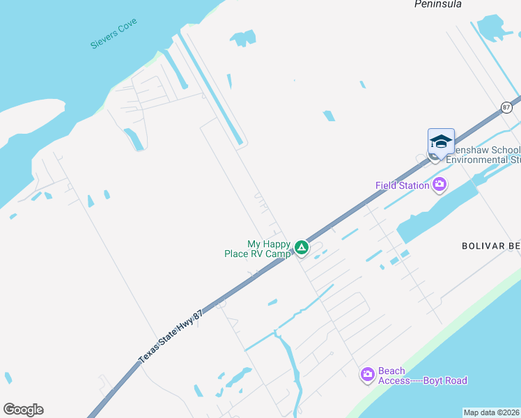 map of restaurants, bars, coffee shops, grocery stores, and more near 1043 Boyt Road in Bolivar Peninsula