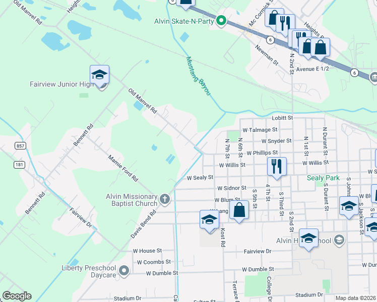 map of restaurants, bars, coffee shops, grocery stores, and more near 13282 County Road 190 in Alvin