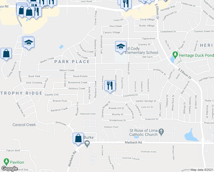 map of restaurants, bars, coffee shops, grocery stores, and more near 1035 Echo Bluff in San Antonio