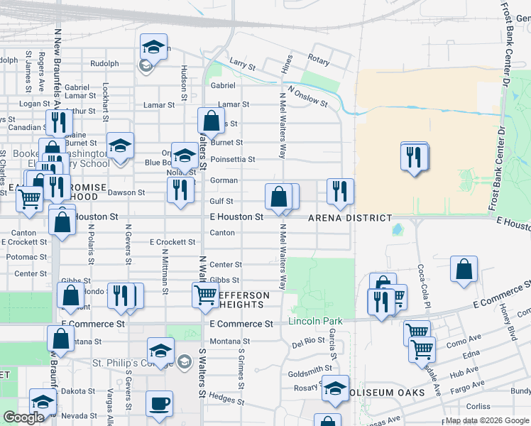 map of restaurants, bars, coffee shops, grocery stores, and more near 2747 East Houston Street in San Antonio