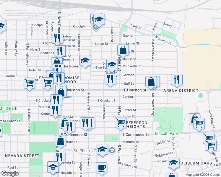 map of restaurants, bars, coffee shops, grocery stores, and more near 616 Gulf in San Antonio