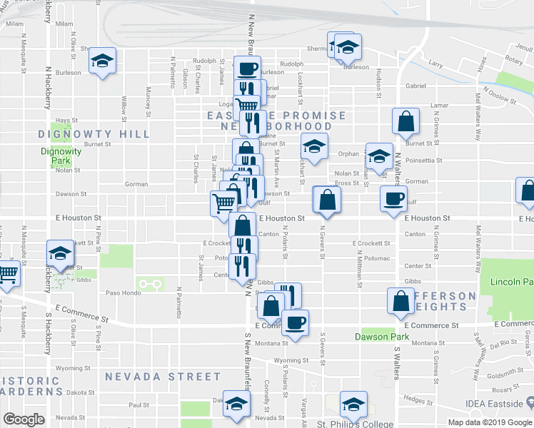 map of restaurants, bars, coffee shops, grocery stores, and more near 2227 East Houston Street in San Antonio
