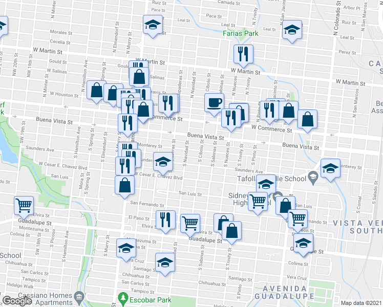 map of restaurants, bars, coffee shops, grocery stores, and more near 2101 Monterey Street in San Antonio