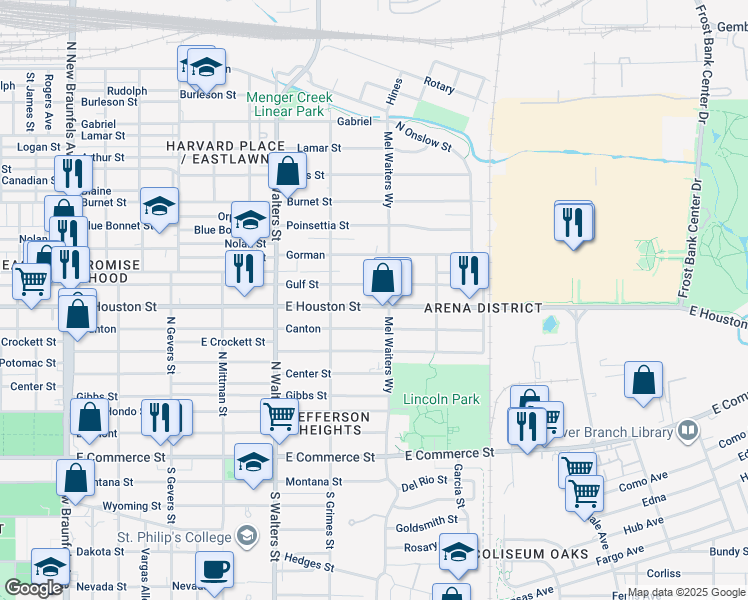 map of restaurants, bars, coffee shops, grocery stores, and more near 2747 East Houston Street in San Antonio