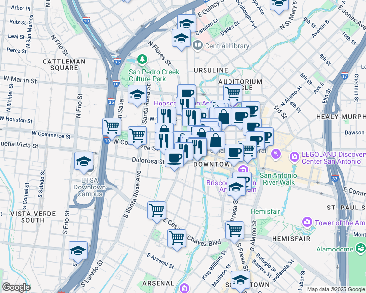 map of restaurants, bars, coffee shops, grocery stores, and more near 60 North Flores Street in San Antonio