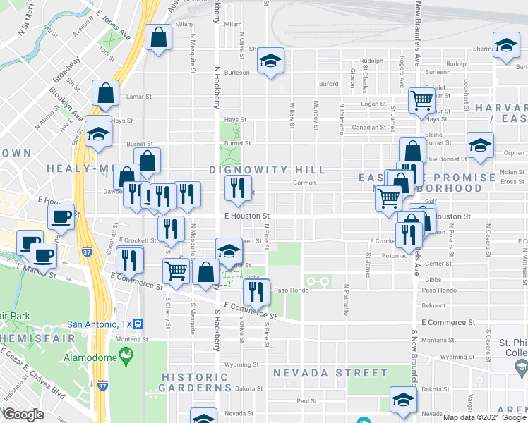map of restaurants, bars, coffee shops, grocery stores, and more near 1731 East Houston Street in San Antonio