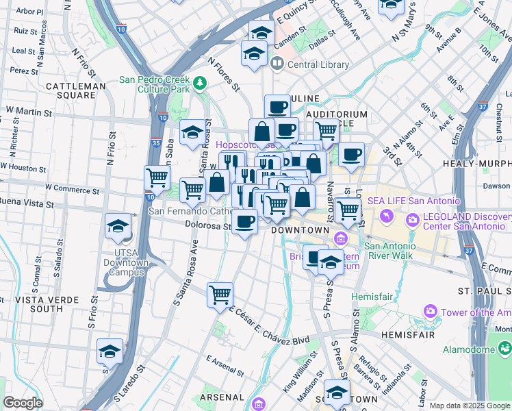 map of restaurants, bars, coffee shops, grocery stores, and more near 60 North Flores Street in San Antonio