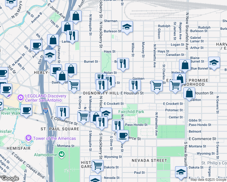 map of restaurants, bars, coffee shops, grocery stores, and more near 509 North Olive Street in San Antonio
