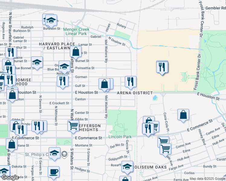 map of restaurants, bars, coffee shops, grocery stores, and more near 2823 East Houston Street in San Antonio