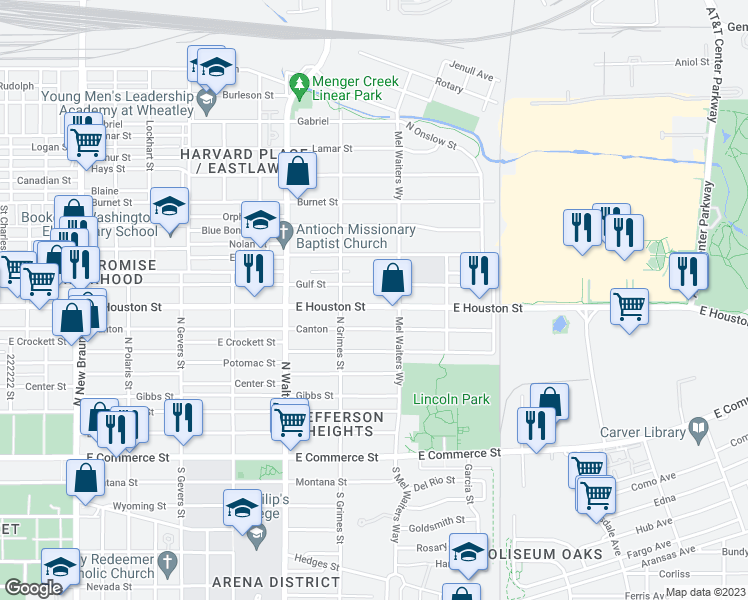 map of restaurants, bars, coffee shops, grocery stores, and more near 2747 East Houston Street in San Antonio