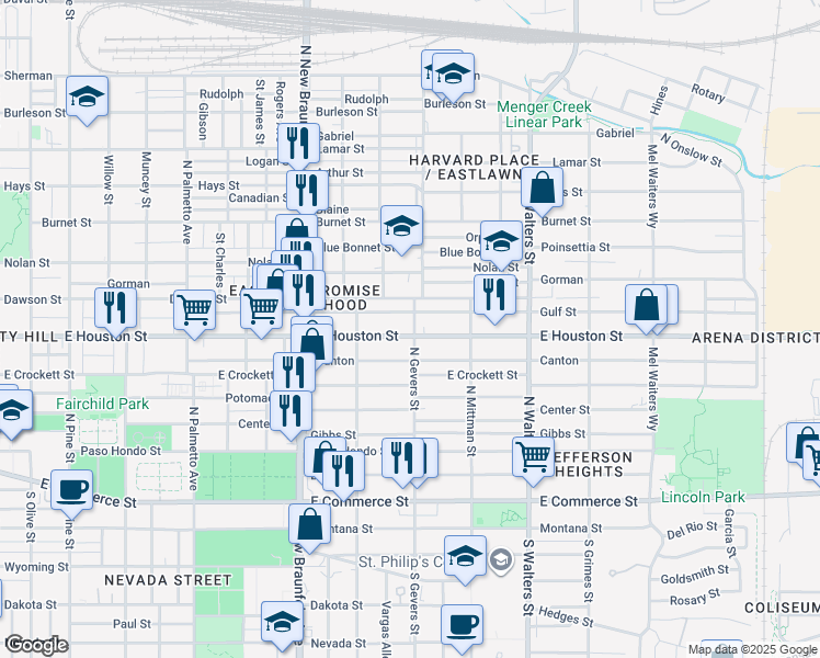 map of restaurants, bars, coffee shops, grocery stores, and more near 2353 East Houston Street in San Antonio