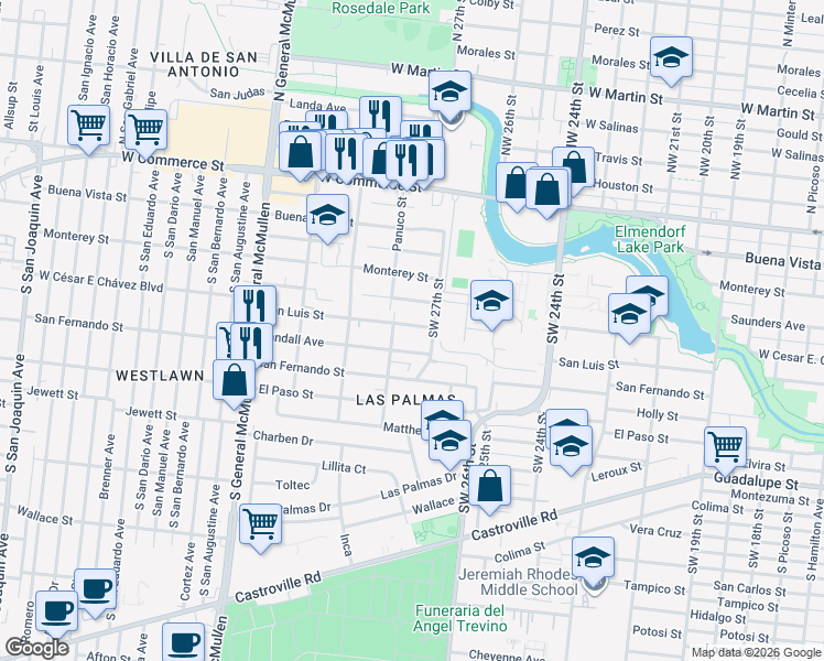 map of restaurants, bars, coffee shops, grocery stores, and more near 4018 San Luis Street in San Antonio