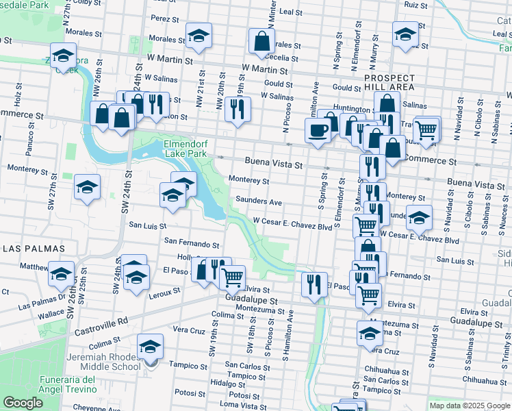 map of restaurants, bars, coffee shops, grocery stores, and more near 3218 Saunders Avenue in San Antonio