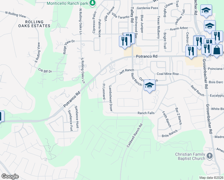 map of restaurants, bars, coffee shops, grocery stores, and more near 826 Lambshead Draw in San Antonio