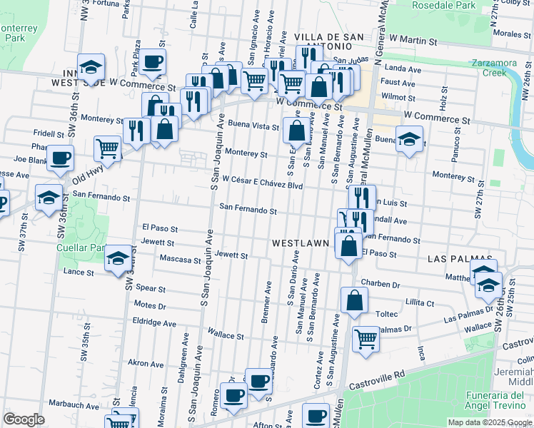 map of restaurants, bars, coffee shops, grocery stores, and more near 501 South San Felipe Avenue in San Antonio