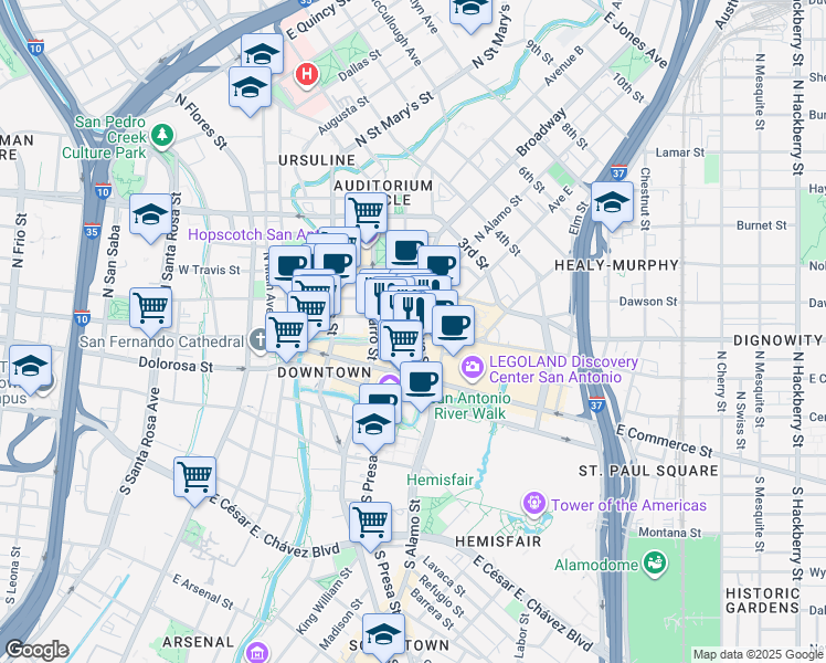 map of restaurants, bars, coffee shops, grocery stores, and more near 123 Losoya Street in San Antonio