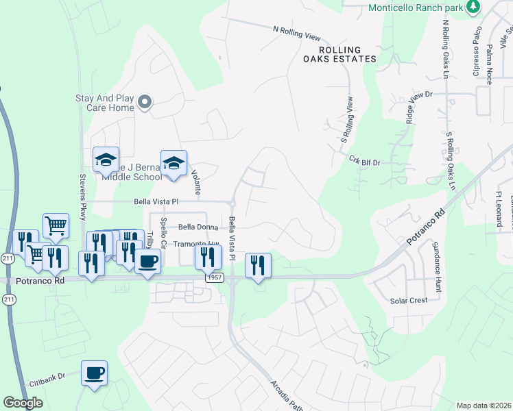 map of restaurants, bars, coffee shops, grocery stores, and more near 13730 Firenze Place in San Antonio