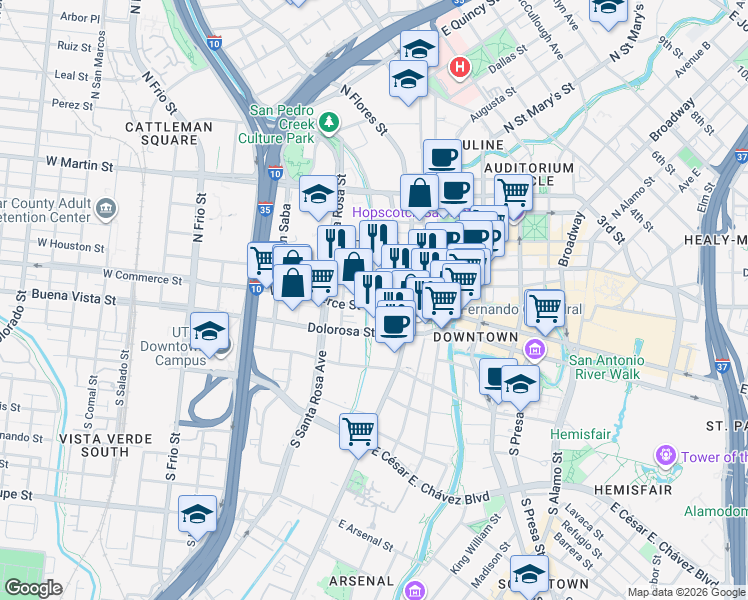 map of restaurants, bars, coffee shops, grocery stores, and more near 311 West Commerce Street in San Antonio