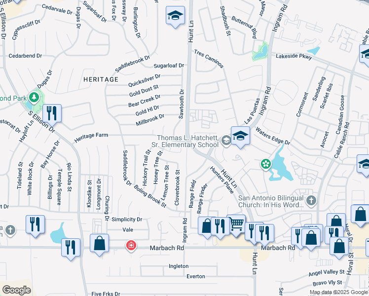 map of restaurants, bars, coffee shops, grocery stores, and more near 778 Sawtooth Drive in San Antonio