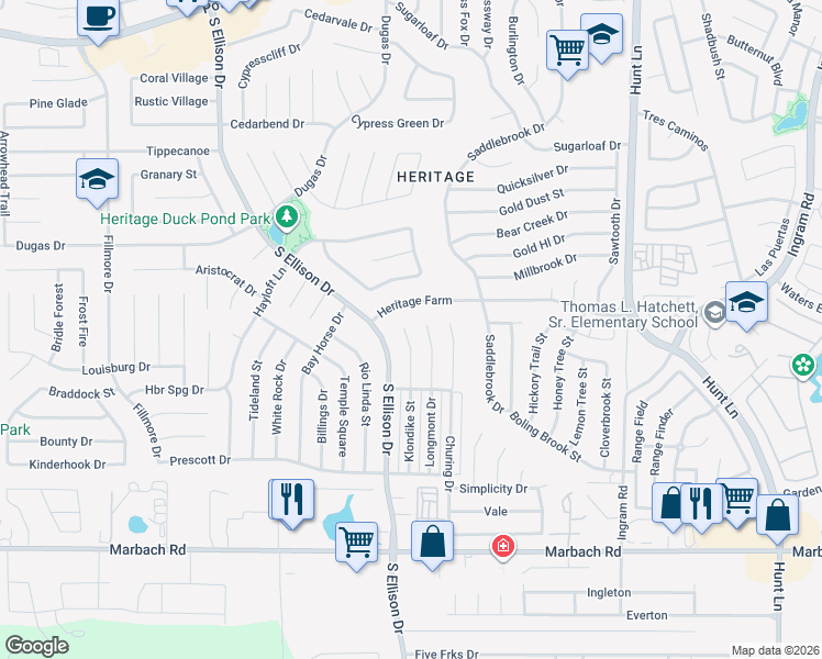map of restaurants, bars, coffee shops, grocery stores, and more near 1106 Klondike St in San Antonio