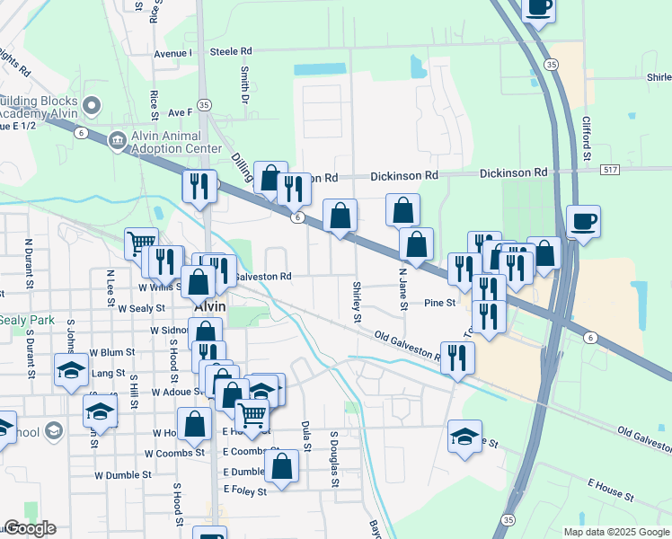 map of restaurants, bars, coffee shops, grocery stores, and more near 703 Old Galveston Road in Alvin