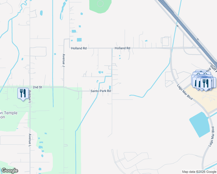 map of restaurants, bars, coffee shops, grocery stores, and more near 14010 Santo Park Road in Dickinson
