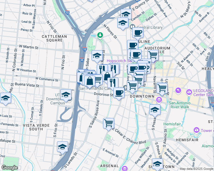map of restaurants, bars, coffee shops, grocery stores, and more near 101199 North Laredo Street in San Antonio