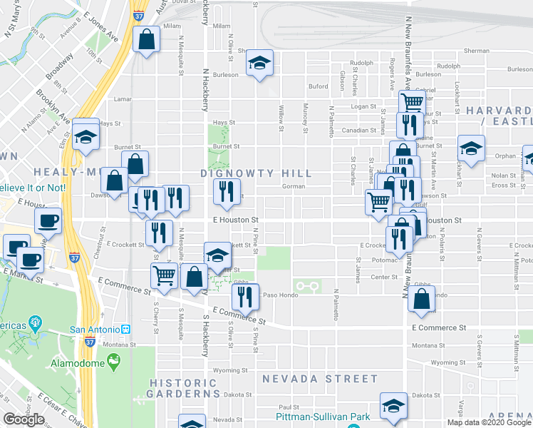 map of restaurants, bars, coffee shops, grocery stores, and more near 1833 East Houston Street in San Antonio