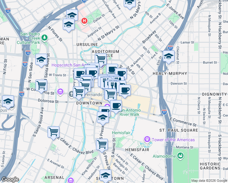 map of restaurants, bars, coffee shops, grocery stores, and more near 123 Losoya Street in San Antonio