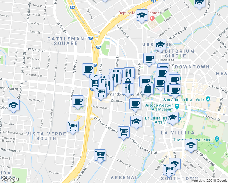 map of restaurants, bars, coffee shops, grocery stores, and more near 101199 North Laredo Street in San Antonio