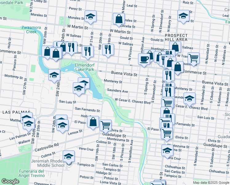 map of restaurants, bars, coffee shops, grocery stores, and more near 3218 Saunders Avenue in San Antonio