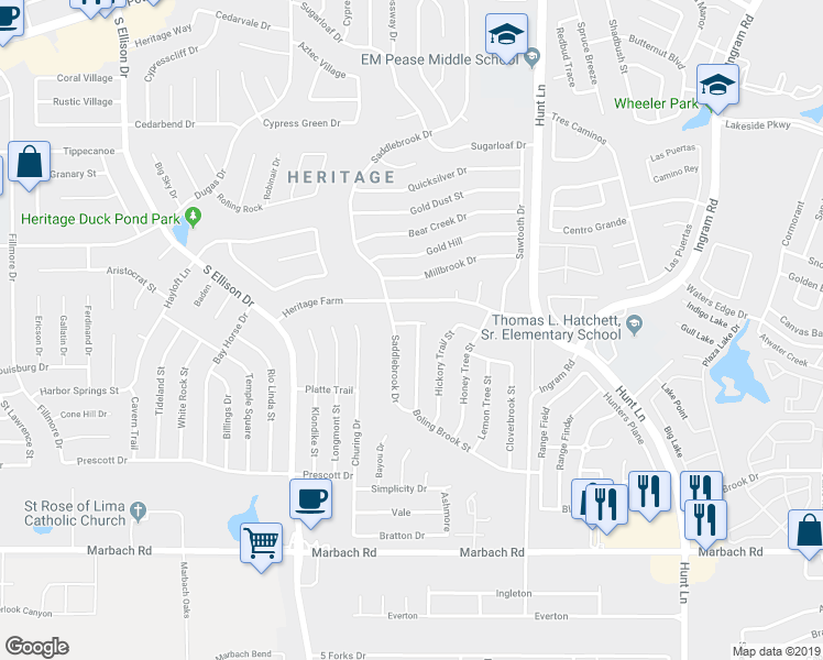 map of restaurants, bars, coffee shops, grocery stores, and more near 819 Saddlebrook Drive in San Antonio