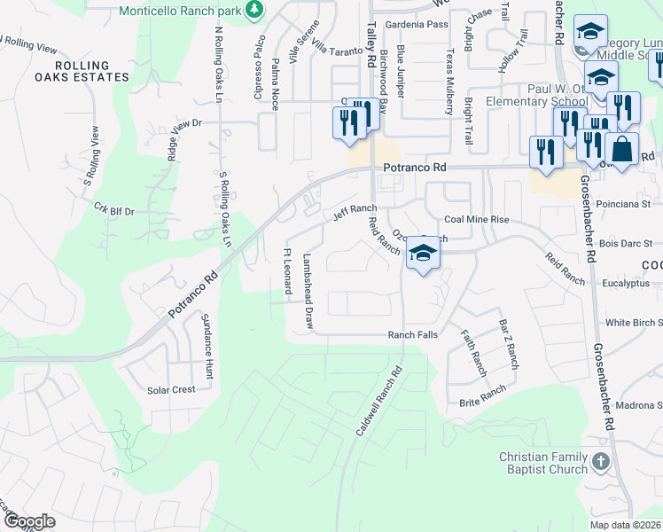 map of restaurants, bars, coffee shops, grocery stores, and more near 12941 Waggoner Ranch in San Antonio