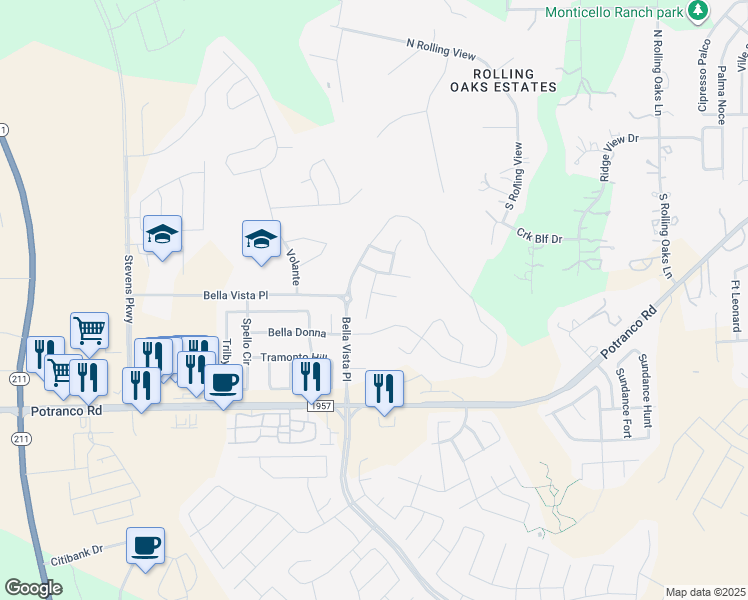 map of restaurants, bars, coffee shops, grocery stores, and more near 13730 Firenze Place in San Antonio