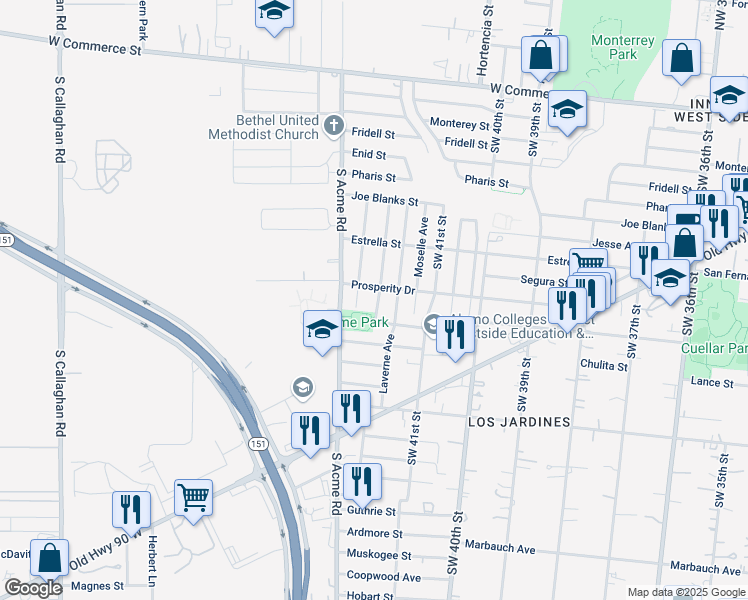 map of restaurants, bars, coffee shops, grocery stores, and more near 515 Southwest 42nd Street in San Antonio