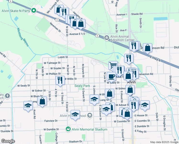 map of restaurants, bars, coffee shops, grocery stores, and more near 302 North Beauregard Street in Alvin