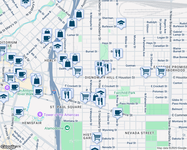 map of restaurants, bars, coffee shops, grocery stores, and more near 1431 East Houston Street in San Antonio