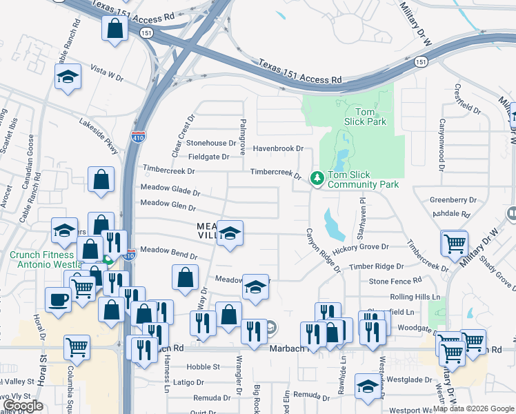 map of restaurants, bars, coffee shops, grocery stores, and more near 122 Meadow Glade Drive in San Antonio