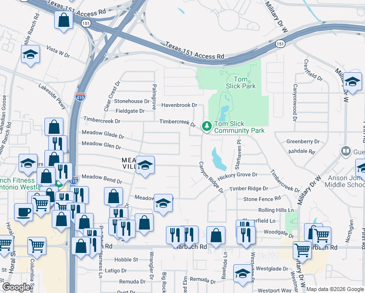 map of restaurants, bars, coffee shops, grocery stores, and more near 1330 Meadow Knoll Drive in San Antonio