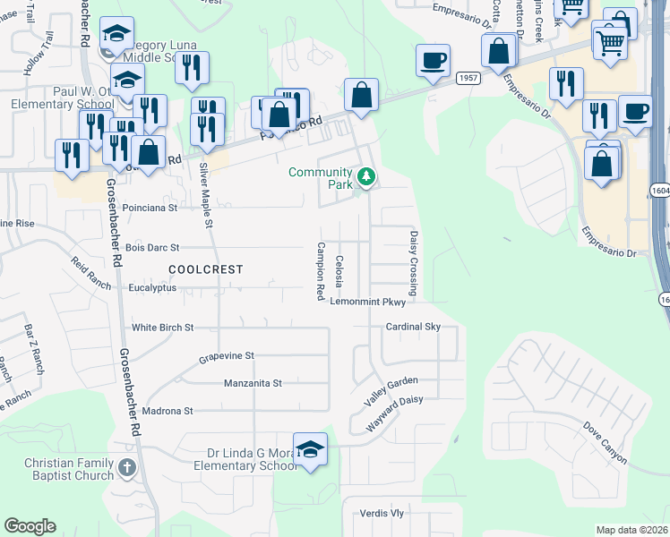 map of restaurants, bars, coffee shops, grocery stores, and more near 735 Celosia in San Antonio