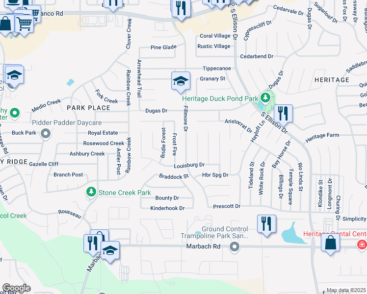 map of restaurants, bars, coffee shops, grocery stores, and more near 1055 Fillmore Drive in San Antonio