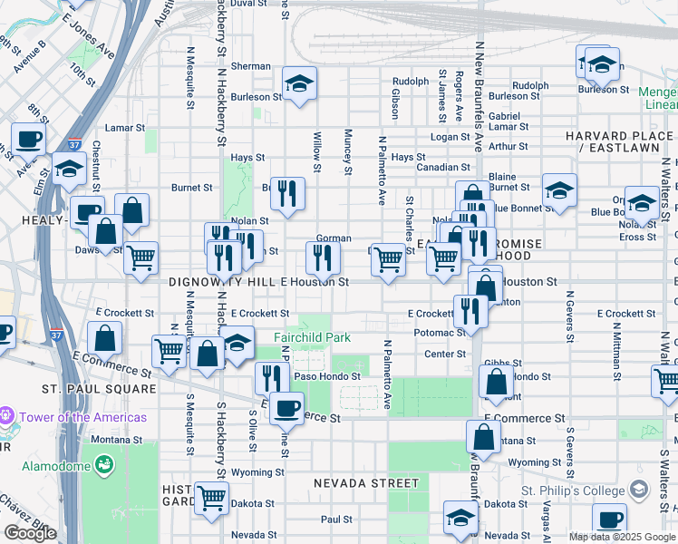 map of restaurants, bars, coffee shops, grocery stores, and more near 1901 East Houston Street in San Antonio