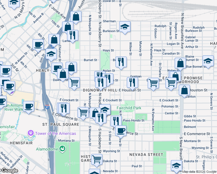 map of restaurants, bars, coffee shops, grocery stores, and more near 509 North Olive Street in San Antonio