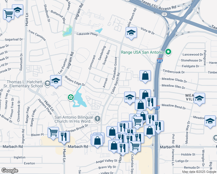 map of restaurants, bars, coffee shops, grocery stores, and more near 1019 Canadian Goose in San Antonio