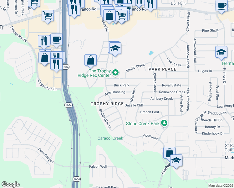 map of restaurants, bars, coffee shops, grocery stores, and more near 10810 Axis Crossing in San Antonio