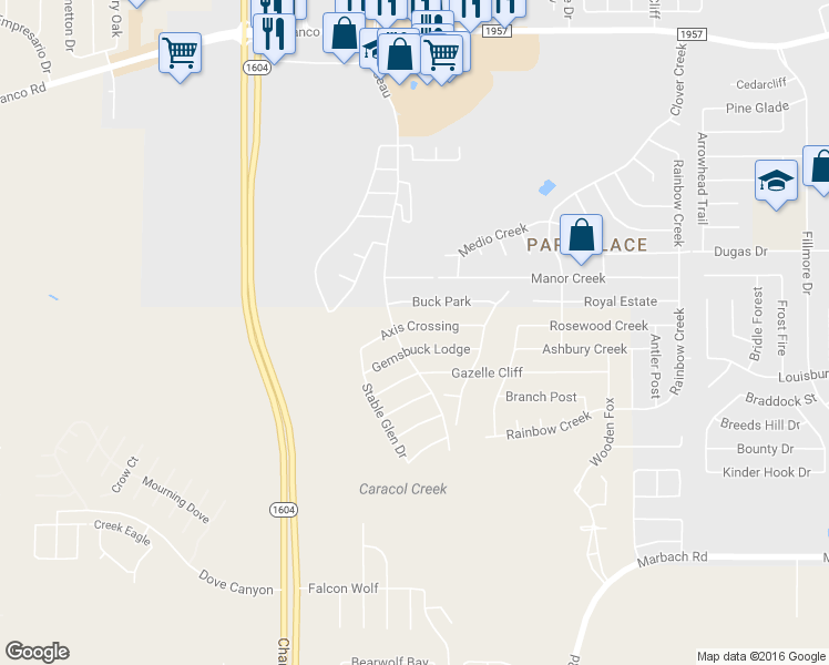 map of restaurants, bars, coffee shops, grocery stores, and more near 10810 Axis Crossing in San Antonio