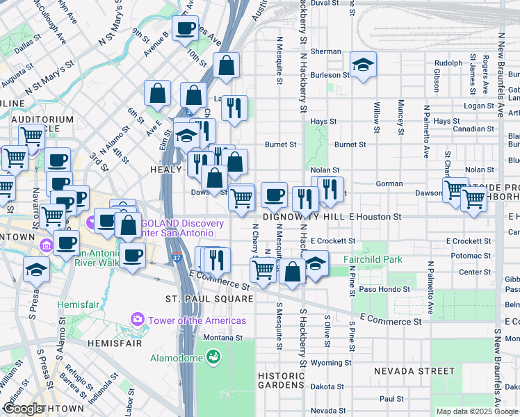 map of restaurants, bars, coffee shops, grocery stores, and more near 433 North Cherry Street in San Antonio